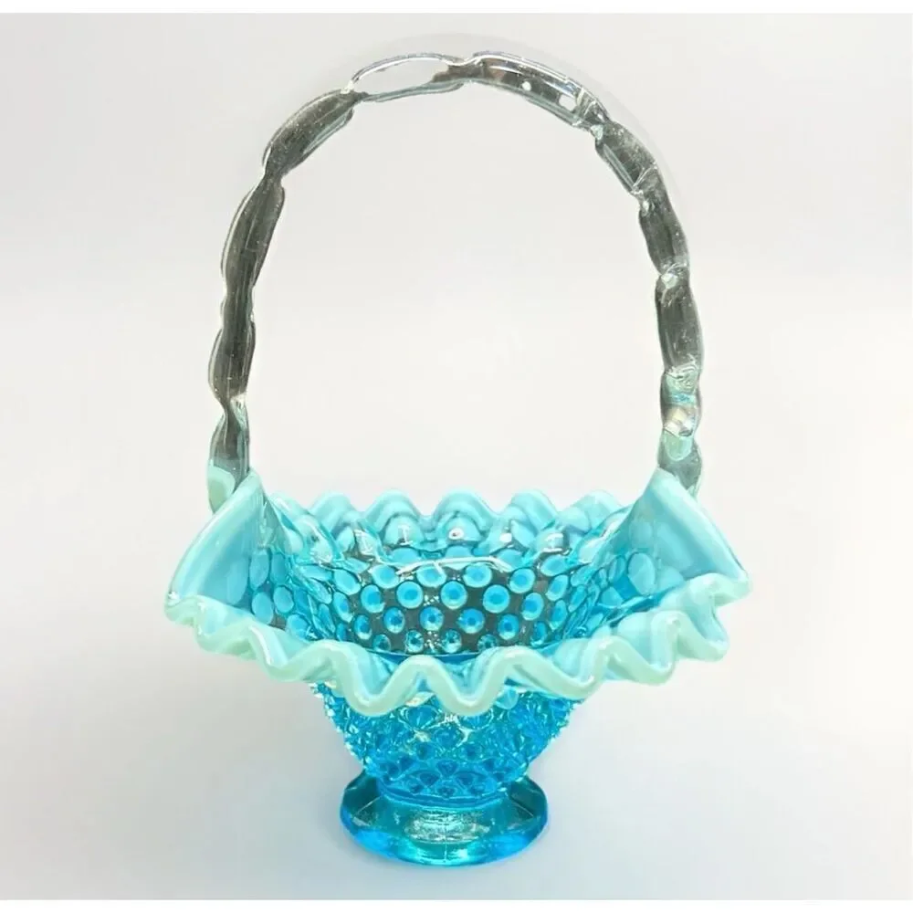 VTG Fenton Set of 2  Blue Opalescent Hobnail Baskets Bamboo Handle 6.5